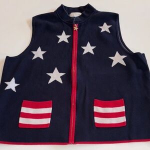 CJ Banks Sweater Vest Blue White Stars Patriotic Zip Up Size 1X 100% cotton